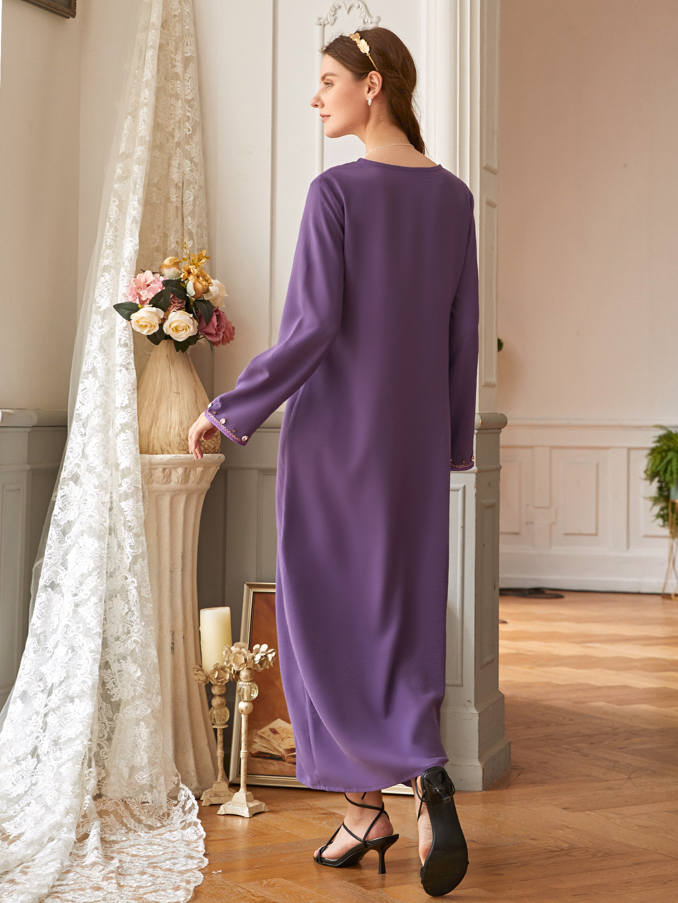 Handmade Beading V Neck Selvedge Modest Muslim Islamic Abaya Maxi Dress (6)