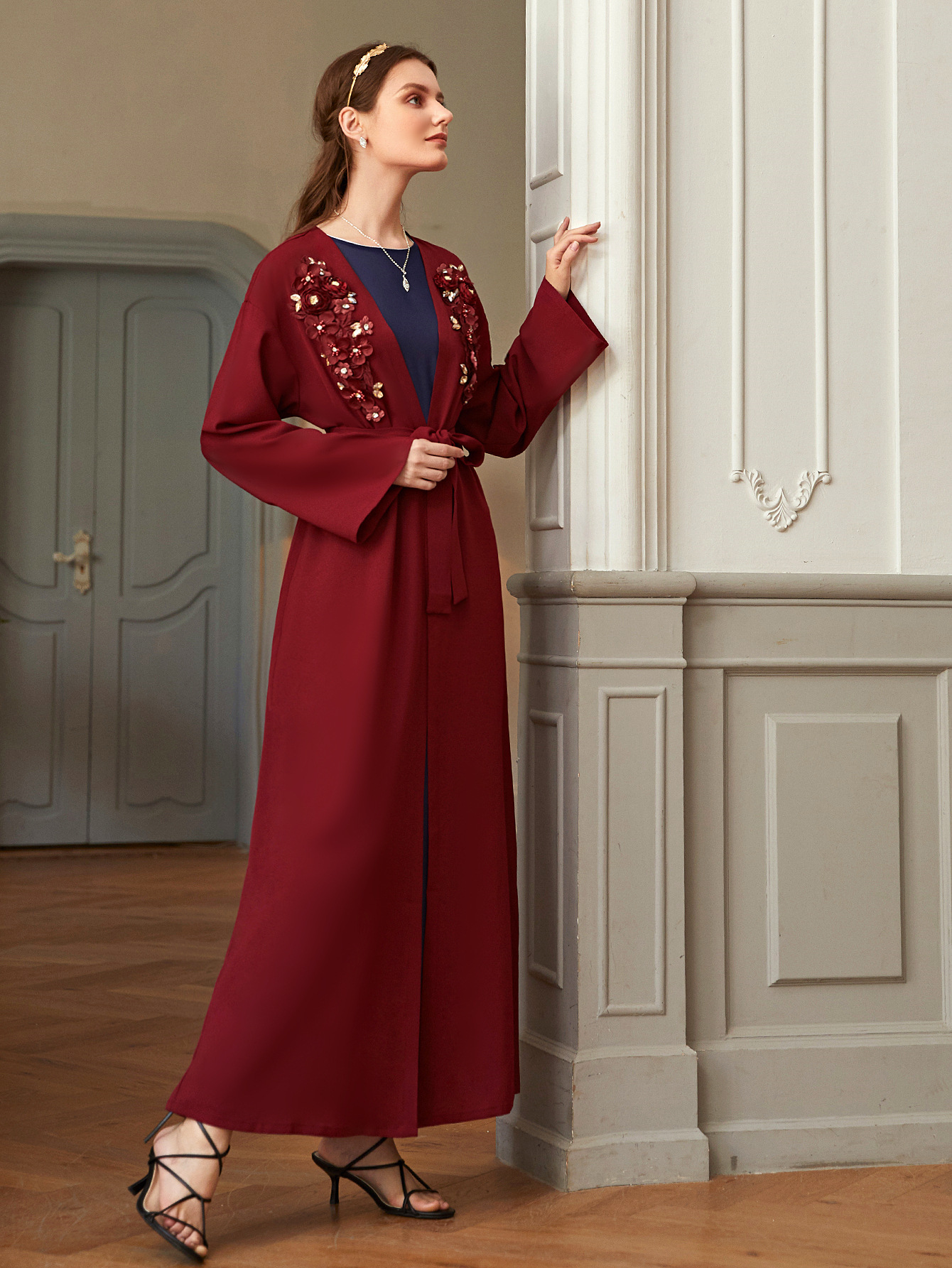 Fashion Muslim Islamic Open Abaya Kimono Handmade Floral Maxi Dress