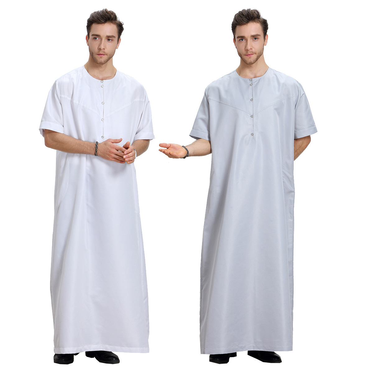 Dubai Gentle Style Highly Elastic Breathable Short Sleeve Muslim Dress Islamic Clothing Robe Men Thobe