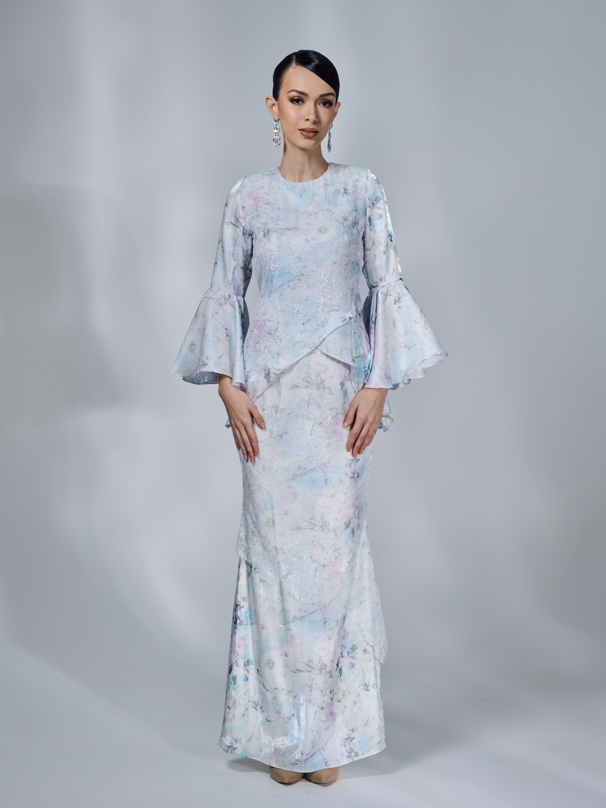 SIPO Latest Design Malaysia Baju Kurung Ruffle Sleeves Musilim Dress French Lace on The Bodice Baju Kurung Modern