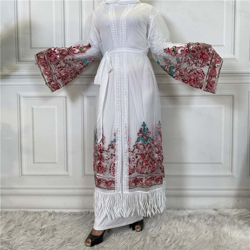 Foreign Trade Hot Style Fashion Women's Cardigan Embroidered Net Yarn Robe Dress