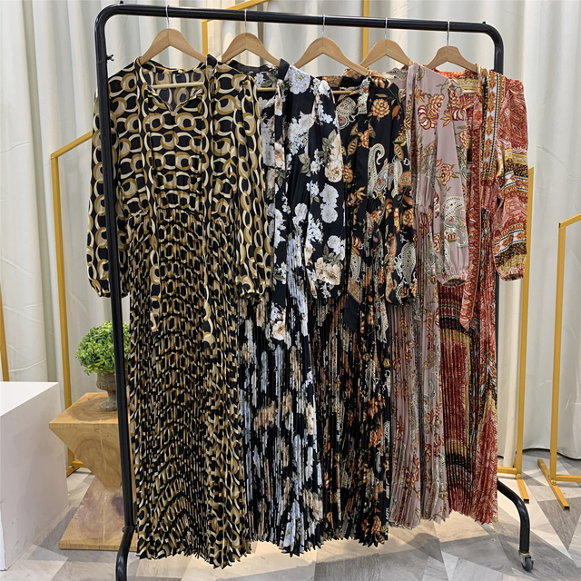 2022 AliExpress Amazon New Fashion Print Pleated Big Skirt Muslim Dress