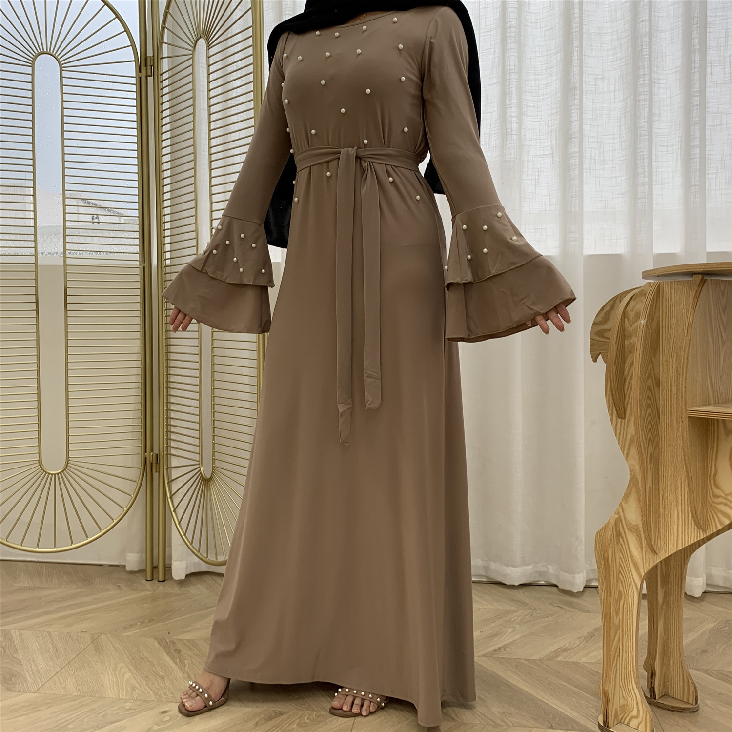 2022 European And American Fashion Multi-layer Flared Sleeve Fashion Beaded Lace-up Slim Long-sleeved Dress