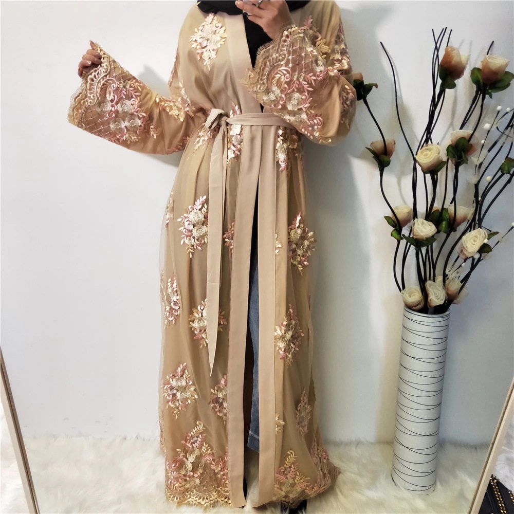 2022 Cross-border Middle Eastern Fashion Women's Abaya Mesh Embroidery Lace Cardigan Robe