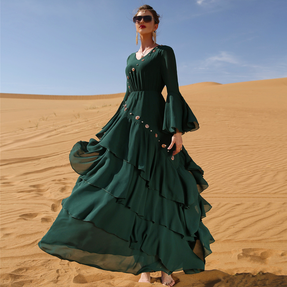 Dark Green Chiffon Dubai Modest Fashion Best Selling Islamic Muslim Robe Maxi Dresses Loose Abaya