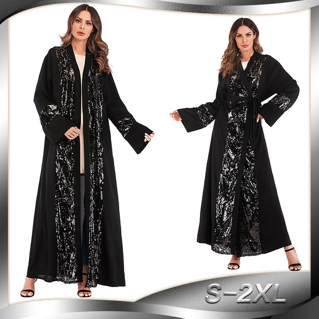 Middle East Foreign Trade Plus Size Muslim Sequin Stitching Cardigan Robe Women European And American Fashion Nida Long Skirt