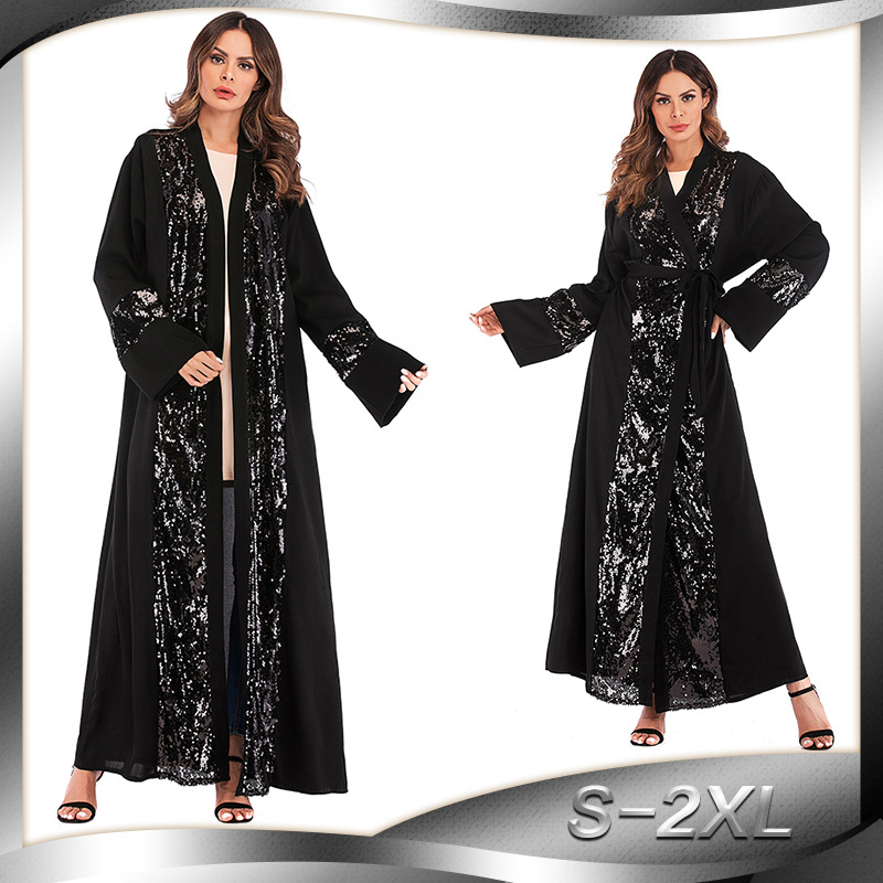 Middle East Foreign Trade Plus Size Muslim Sequin Stitching Cardigan Robe Women European And American Fashion Nida Long Skirt