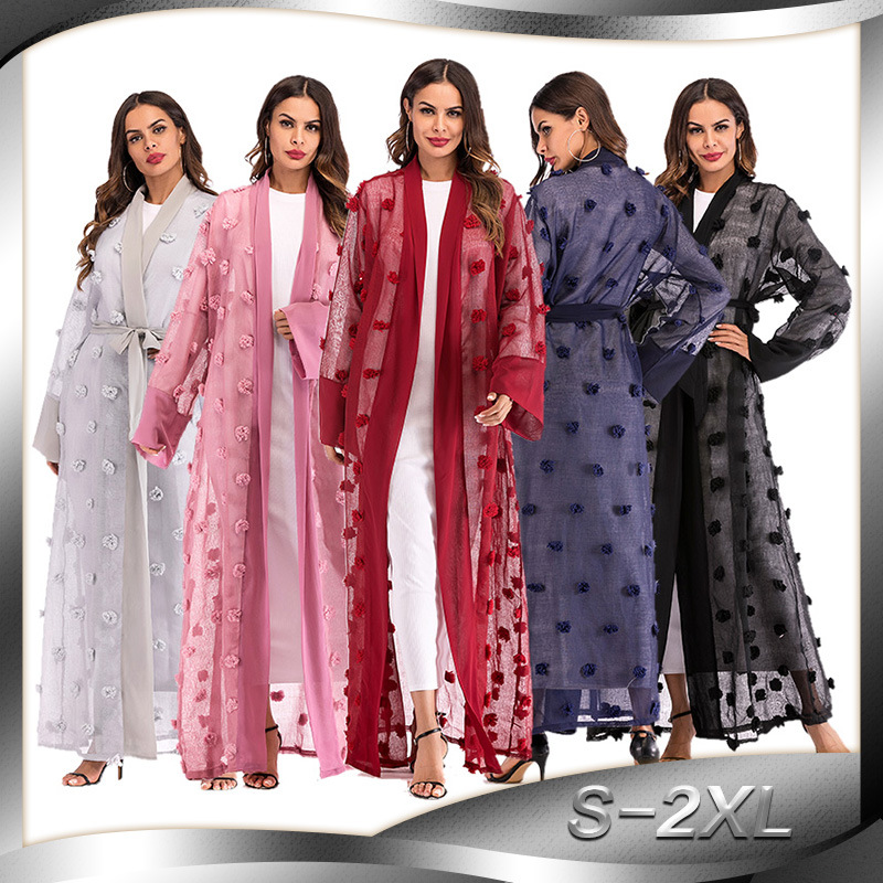 European And American Muslim Three-dimensional Flower Mesh Loose Lace Long-sleeved Cardigan Robe