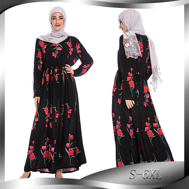 Foreign Trade Supply Amazon Muslim Malay Fashion Big Rose Print Robe Dubai Dress