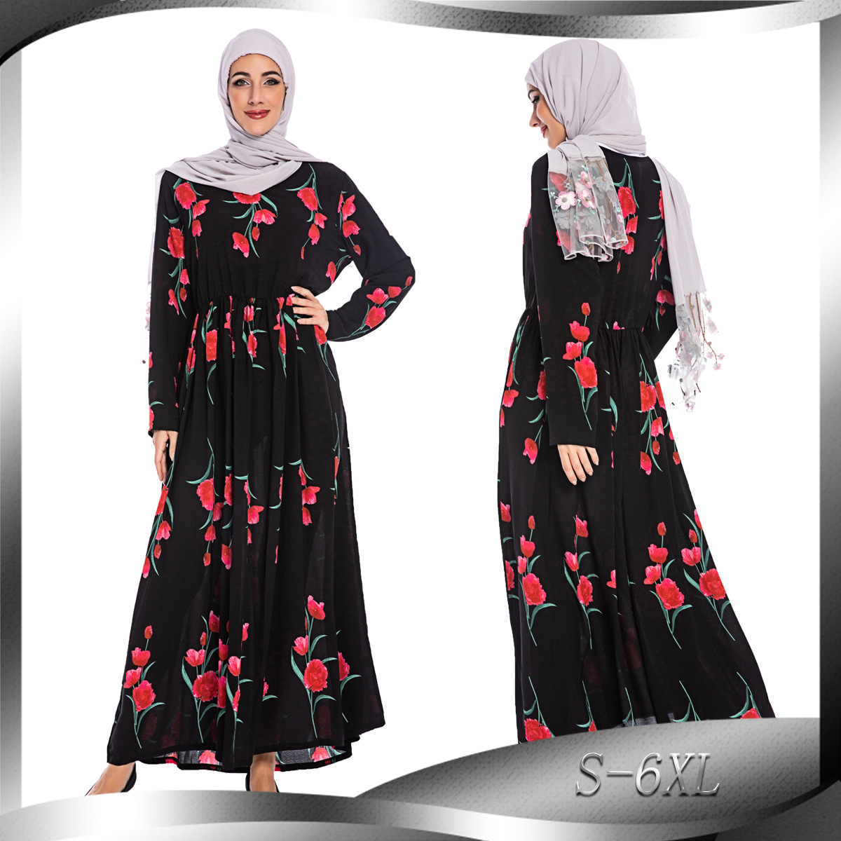 Foreign Trade Supply Amazon Muslim Malay Fashion Big Rose Print Robe Dubai Dress