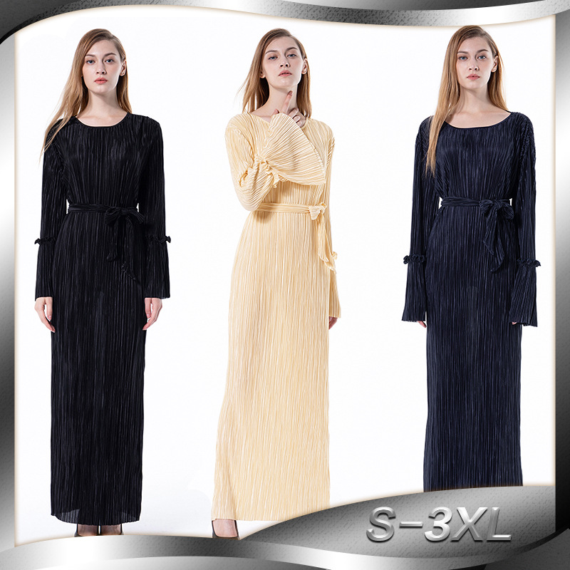 European And American Fashion Loose Elastic Trumpet Sleeve Long Round Neck Dress Women