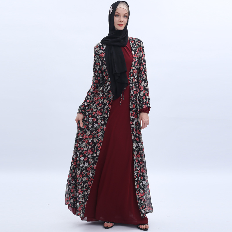 New Cross-border Printed Chiffon with Cardigan Pendants And Summer Muslim Women's Clothing in Stock