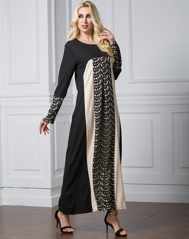 New Fashion Robe Korean Hemp Ethnic Muslim Lace Stitching Long-sleeved Dress Plus Size