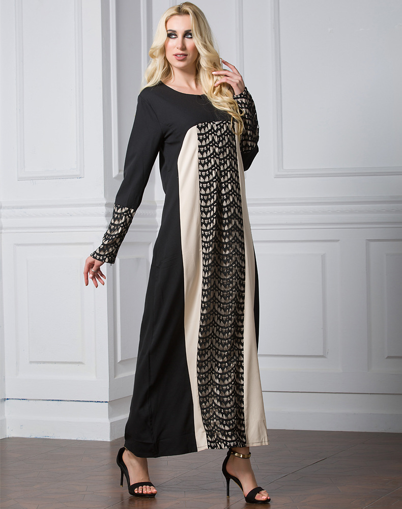 New Fashion Robe Korean Hemp Ethnic Muslim Lace Stitching Long-sleeved Dress Plus Size