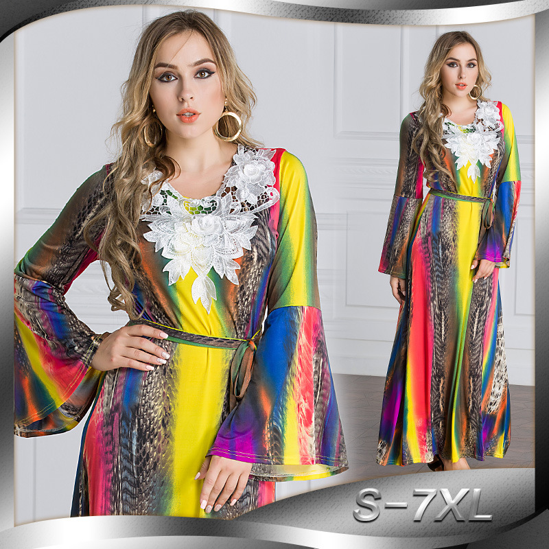 AliExpress Amazon Hot Selling Fashion Women's Color Printed Long Dress Abaya