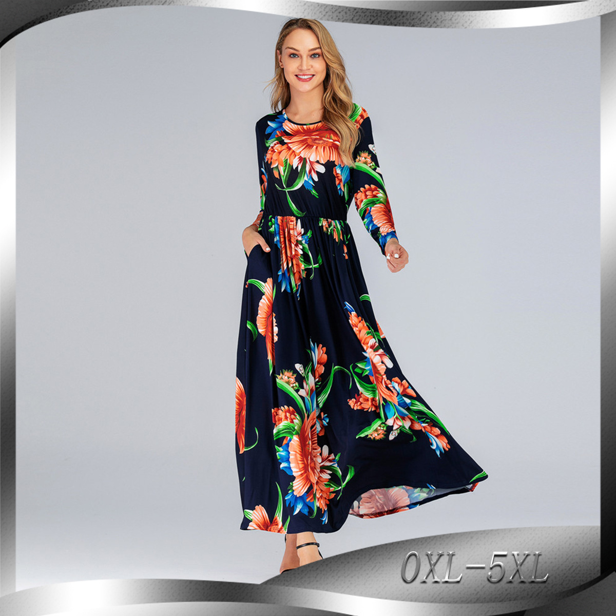 AliExpress Hot Sale Women's Printed Slim Long Sleeve Printed Round Neck Dress
