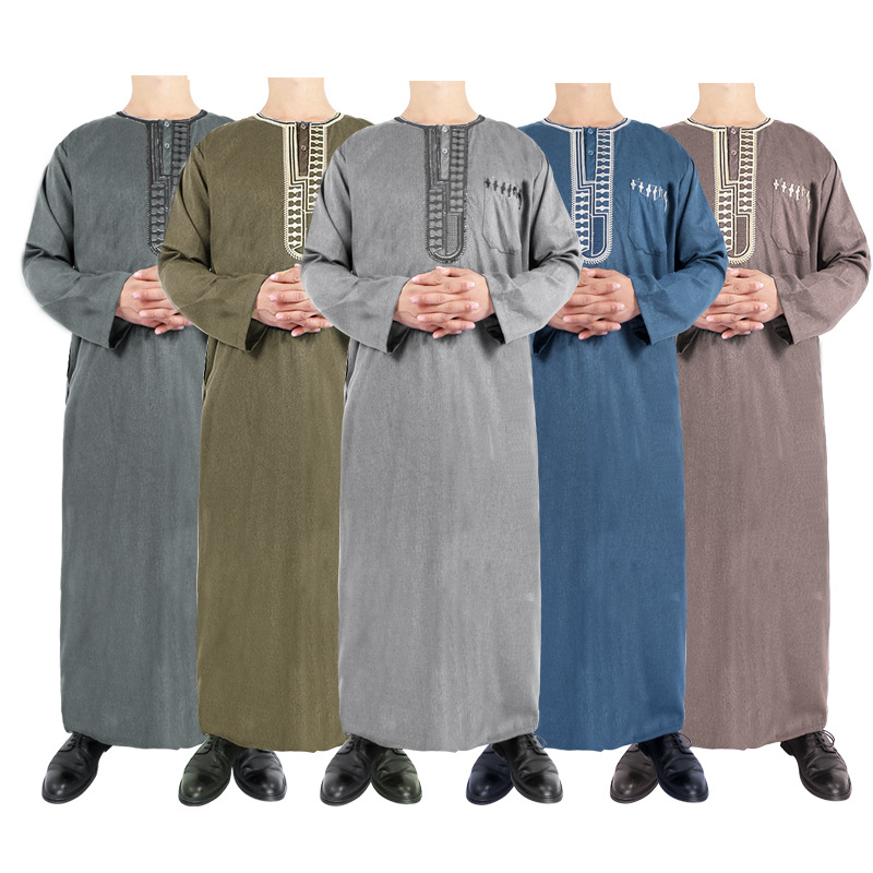 2022 Wholesale Casual Arabic Men's Robe Stand Collar Muslim Islamic Thobe