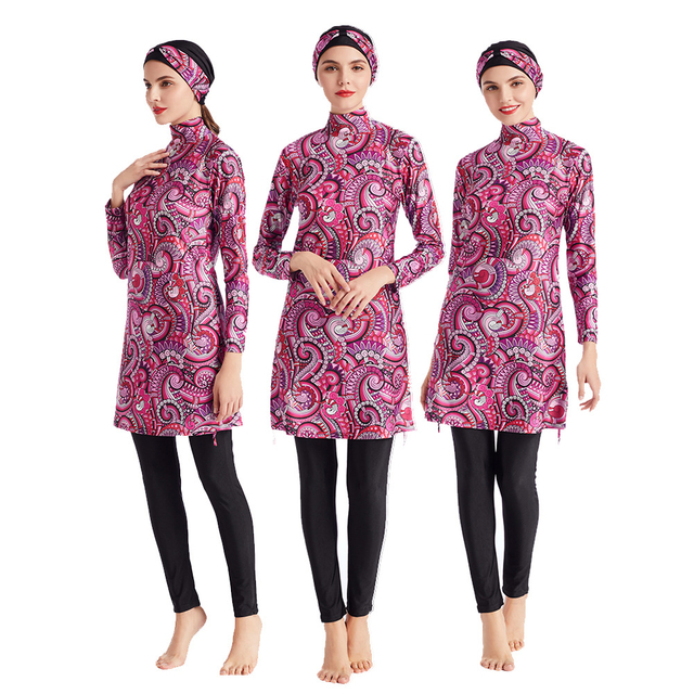 Middle East Conservative Swimsuit Foreign Trade Digital Printing Slim Three-piece Large Size Women's Split Beachwear