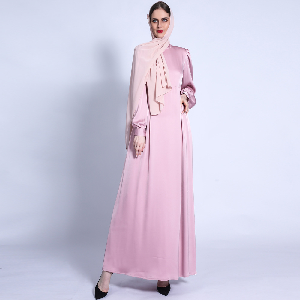 Autumn Matte A-line Dress with Lantern Sleeves Basic Long Skirt Muslim Female Abaya Cross-border 1