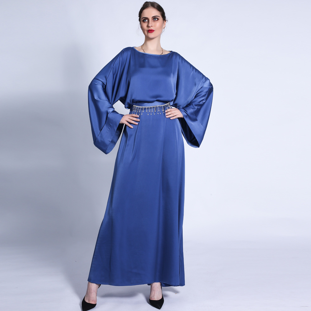 Ramadan Autumn Matte Solid Color Loose Dress Fringed Diamond Belt Long Skirt Muslim Female Cross-border