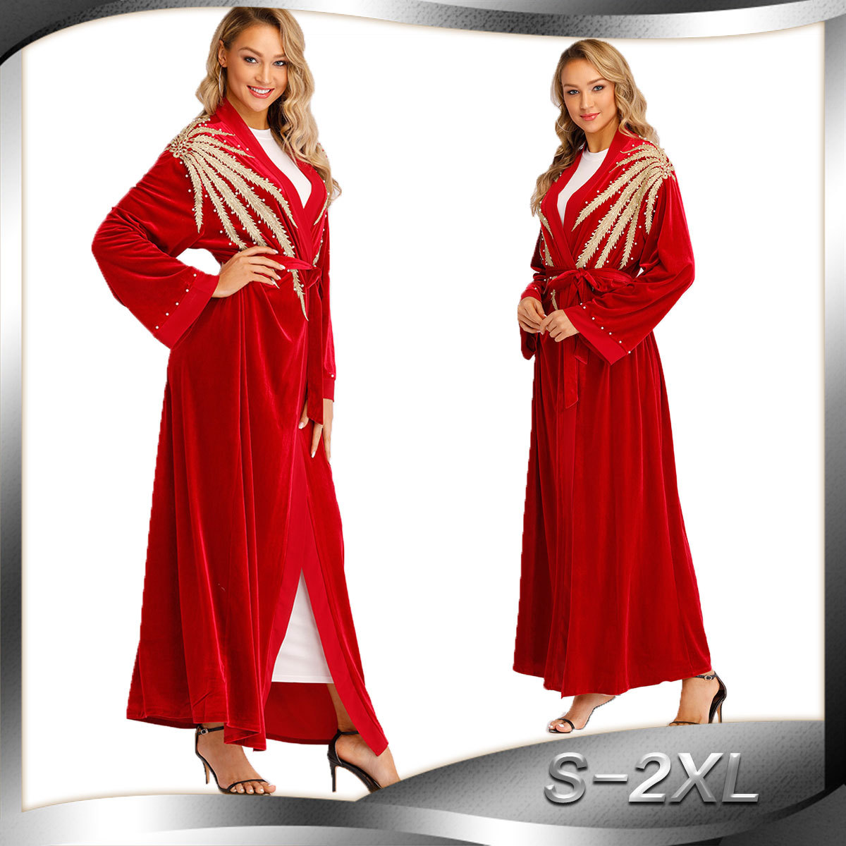Middle Eastern Fashion Abaya Splicing Pearl Cardigan Muslim Long-sleeved Gold Velvet Embroidery Kimono