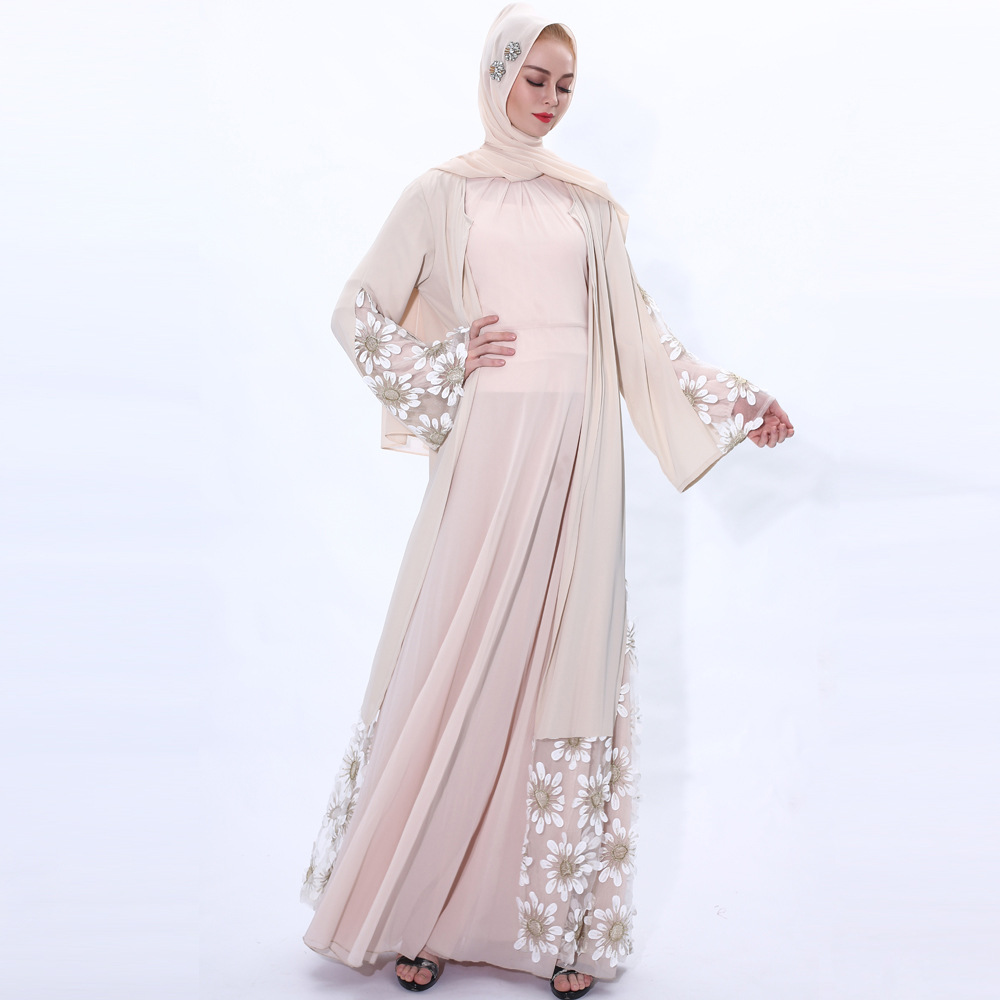 INS Ramadan fashion trumpet sleeve lace-up fairy dress with mesh stitching and outer wear cardigan women's white summer