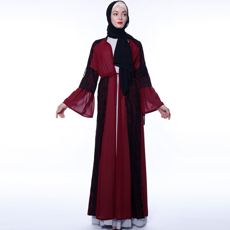 Muslim Trumpet Sleeve Ethnic Style Long-sleeved Cardigan Hit Color Open Abaya Spot One Drop Shipping