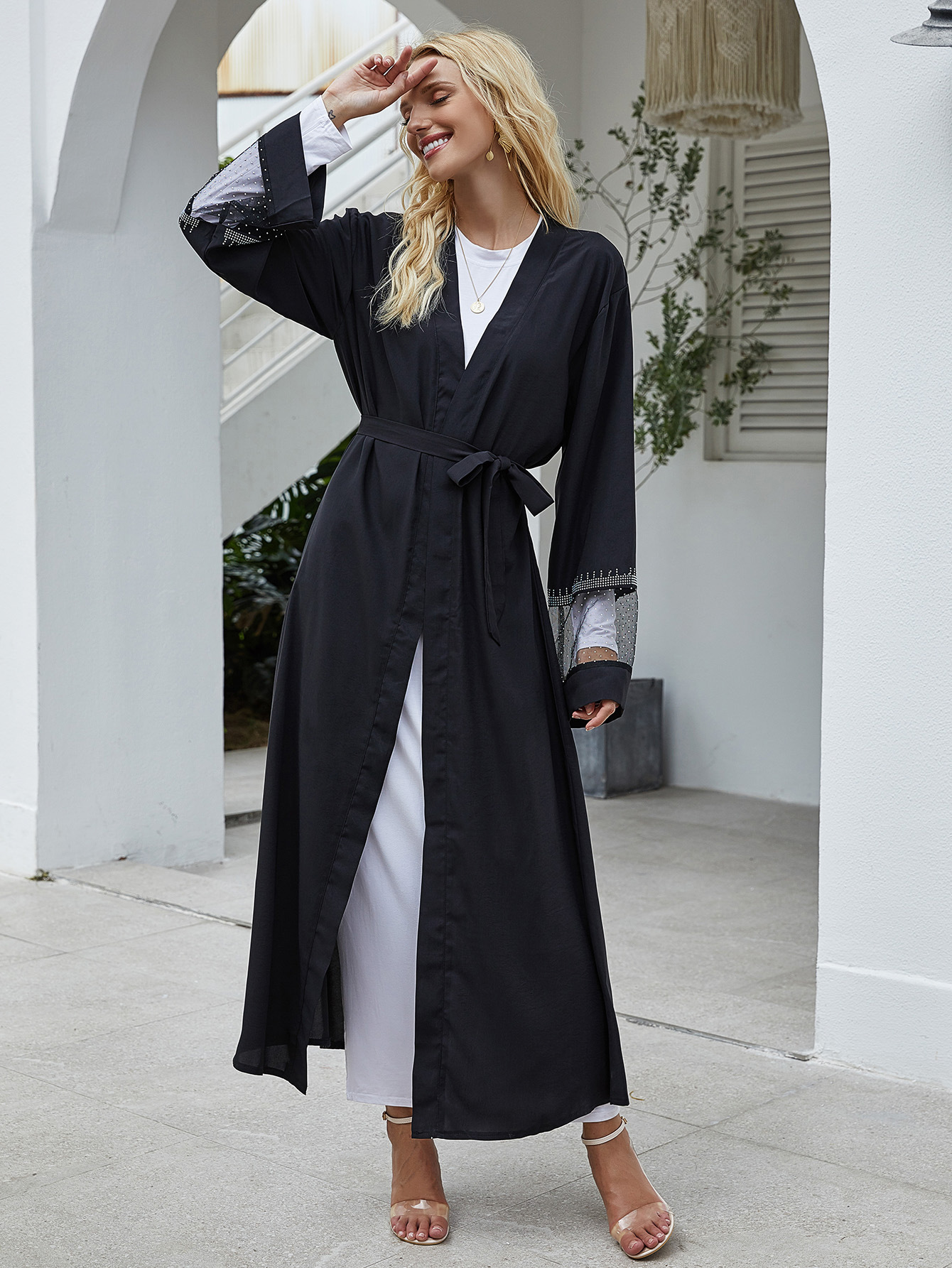 Cross-border Source of Fashion Women's Mesh Fabric Stitching Hot Drilling Muslim Cardigan Robe