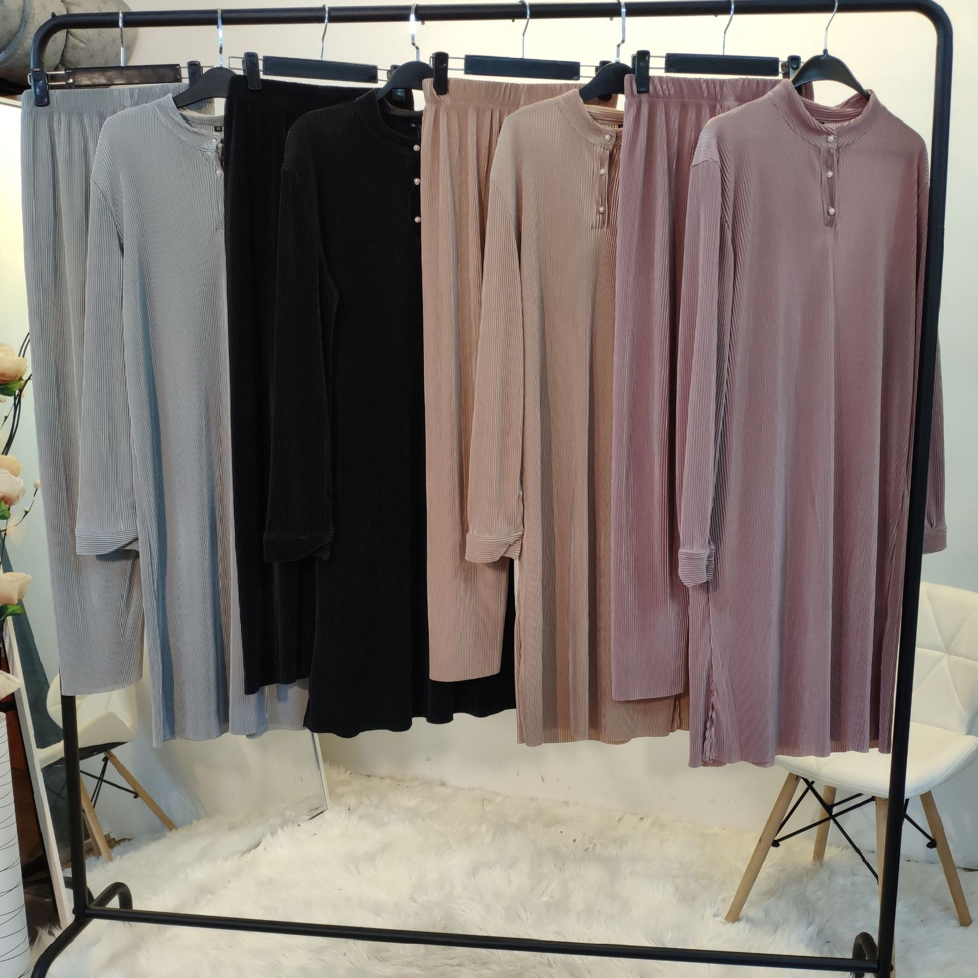 New Arab Simple Solid Color Pleated Muslim Women's Two-piece Suit