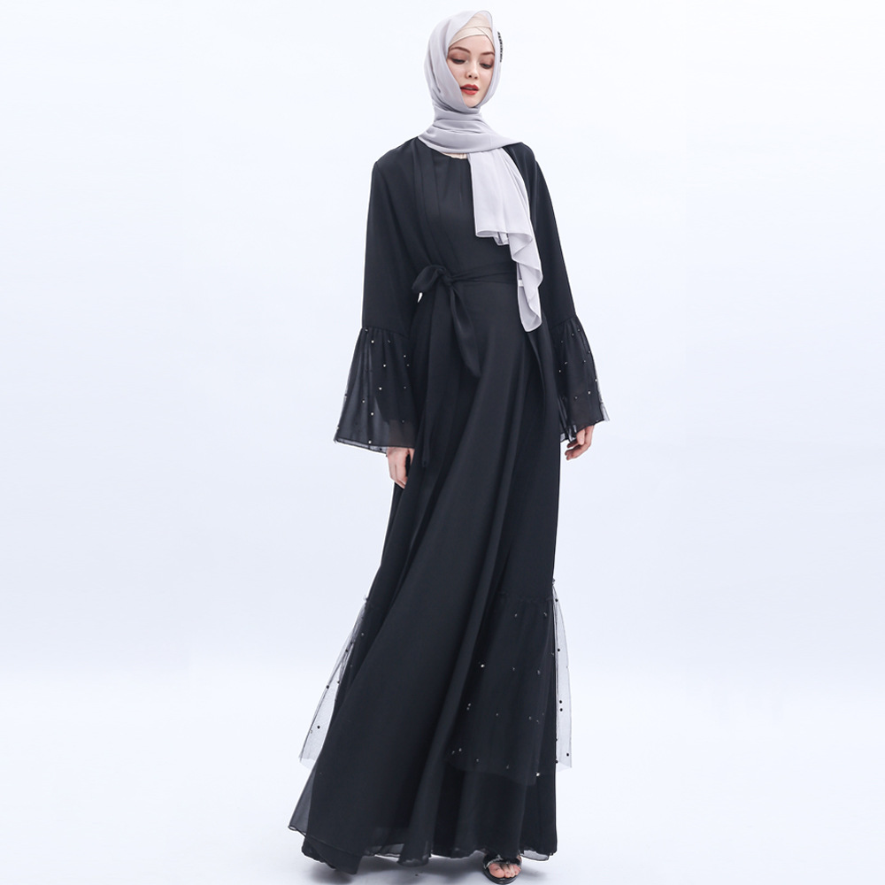 Nida Black Arabic Robe Cardigan Women Beaded Mesh Open Abaya