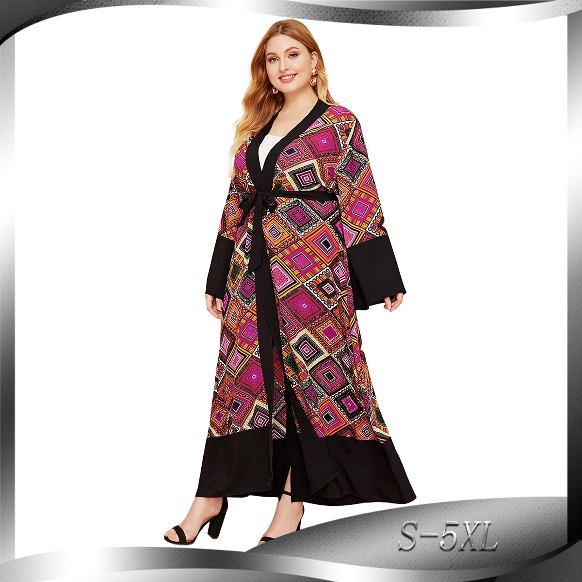 Foreign Trade Hot Sale New Fashion Robe Printing Retro Hit Color Cardigan Muslim Abaya Cardigan