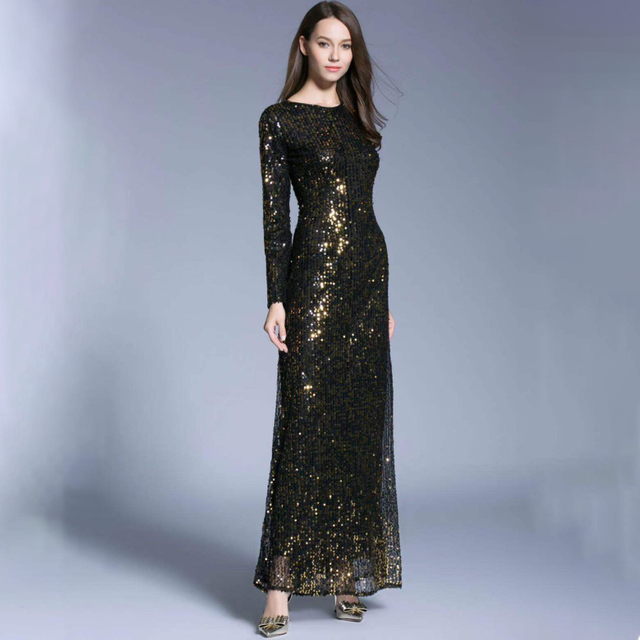 2022 Fashion Two-color Sequined Long Sleeve Long Simple And Elegant Slim Middle East Dress