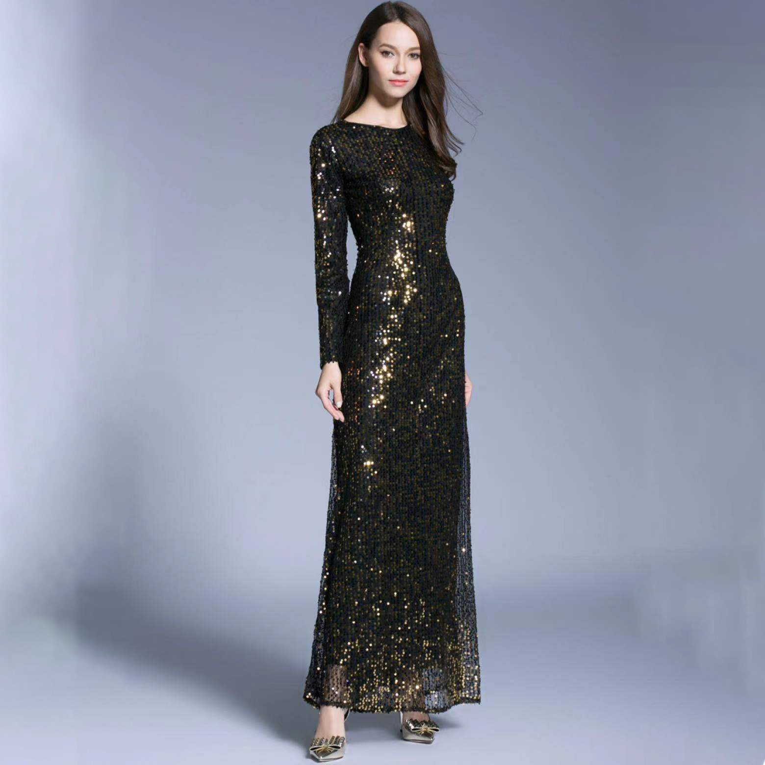 2022 Fashion Two-color Sequined Long Sleeve Long Simple And Elegant Slim Middle East Dress