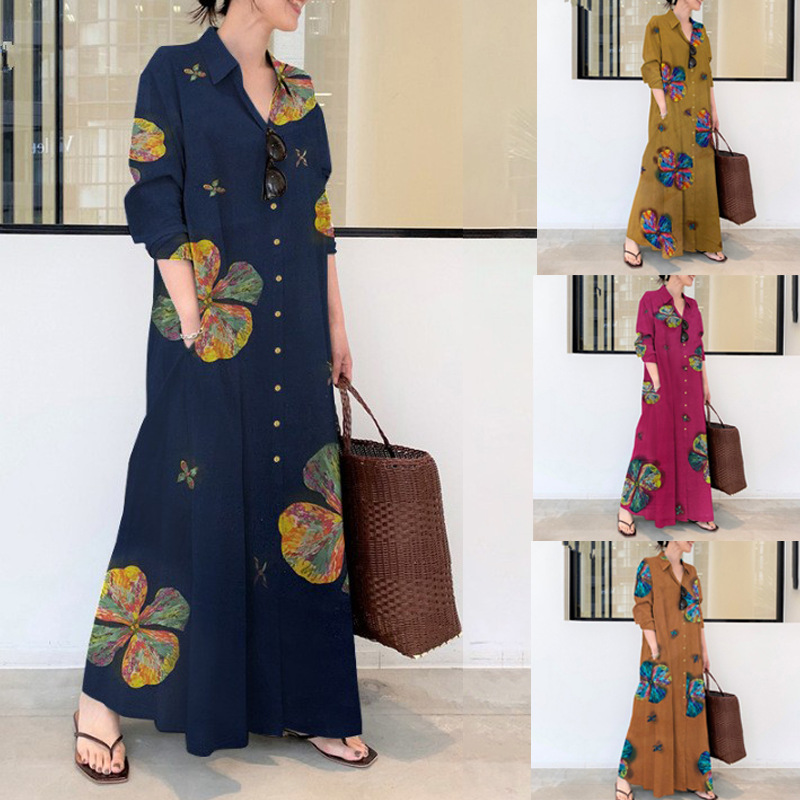 2022 Muslim Plus Size Women's Cotton And Linen Printing Lapel Long-sleeved Pockets Simple Loose Literary Leisure Long Shirt Dress
