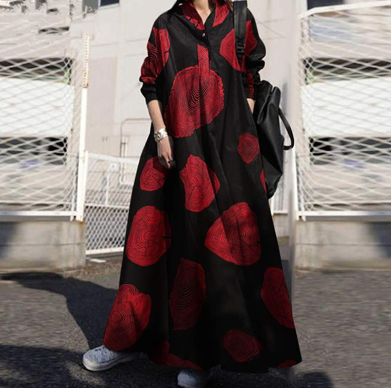 2022 Muslim Fashion Cotton And Linen Retro Printed Loose Long Sleeve Big Swing Dress