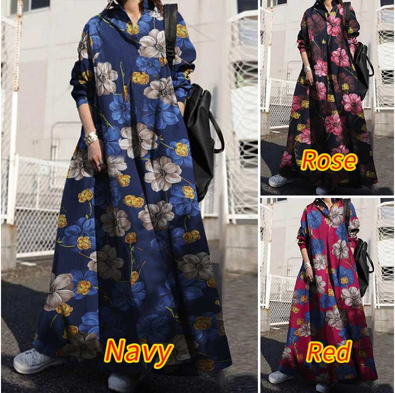 2022 Spring And Autumn Fashion Plus Size Women's Cotton Linen Printed Retro Big Swing Stand Collar Loose Dress Muslim Clothes