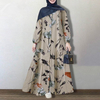 2022 Muslim Cotton and Linen Printed Round Neck Button Bubble Long Sleeve Elastic Cuffs Fashion Loose Casual Dress