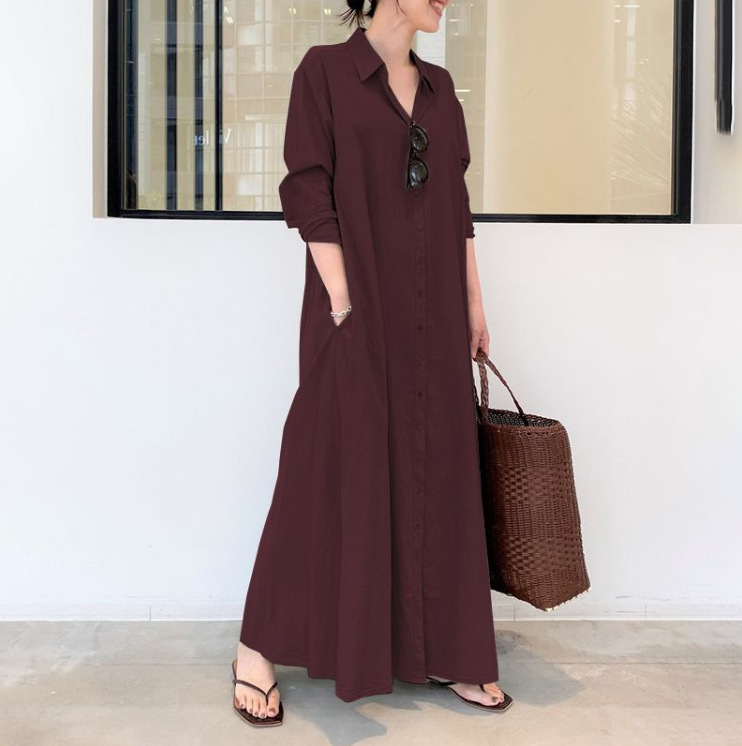 2022 Plus Size Women's New Style Muslim Spring And Autumn Long-sleeved Simple Loose Casual Long Lapel Shirt Dress