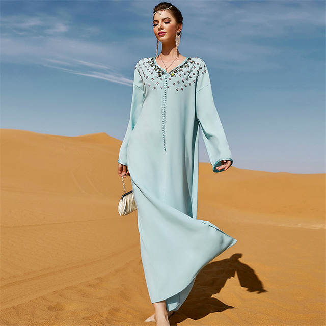 SIPO Factory Handstitched Rhinestone Beaded Arabic Robe Vintage Ethnic Moroccan Kaftan Dubai Abaya Dress Ramadan Eid-Al-Adha Robes