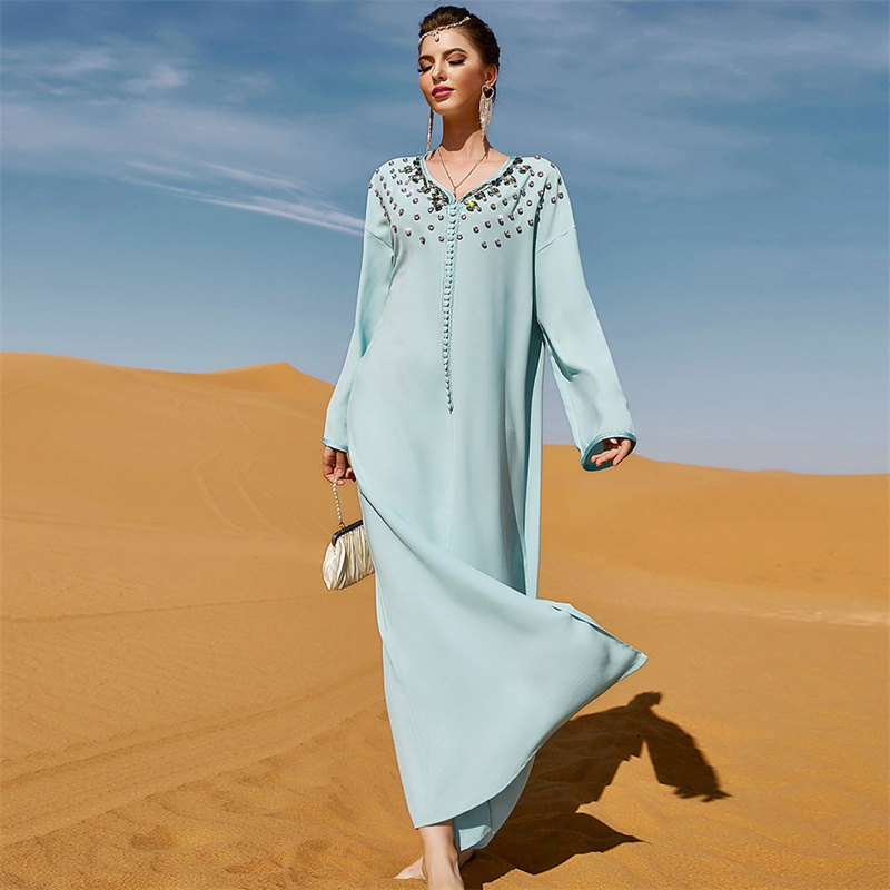 SIPO Factory Handstitched Rhinestone Beaded Arabic Robe Vintage Ethnic Moroccan Kaftan Dubai Abaya Dress Ramadan Eid-Al-Adha Robes