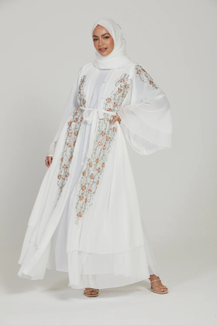 SIPO Luxury Bridal White Embellished Layered Open Abaya Islamic Modest Dress Abaya Dress for Muslim Women Beautiful Robe