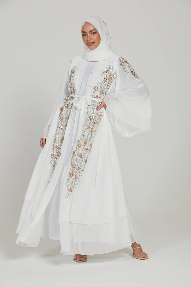 SIPO Luxury Bridal White Embellished Layered Open Abaya Islamic Modest Dress Abaya Dress for Muslim Women Beautiful Robe