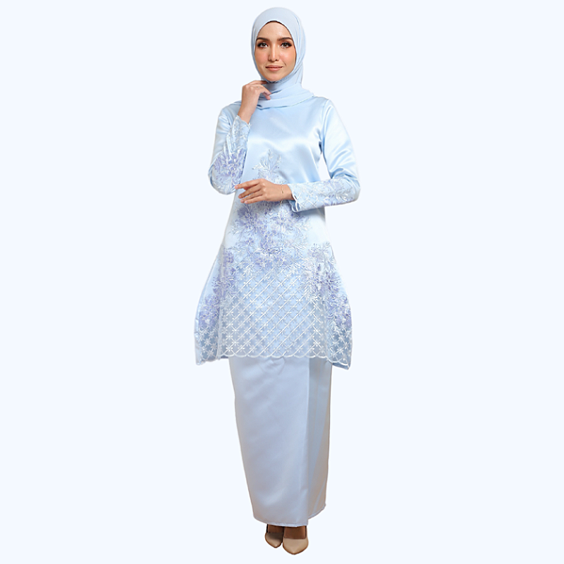 Kurung Pahang Baby Blue Lace Embroidery Design 