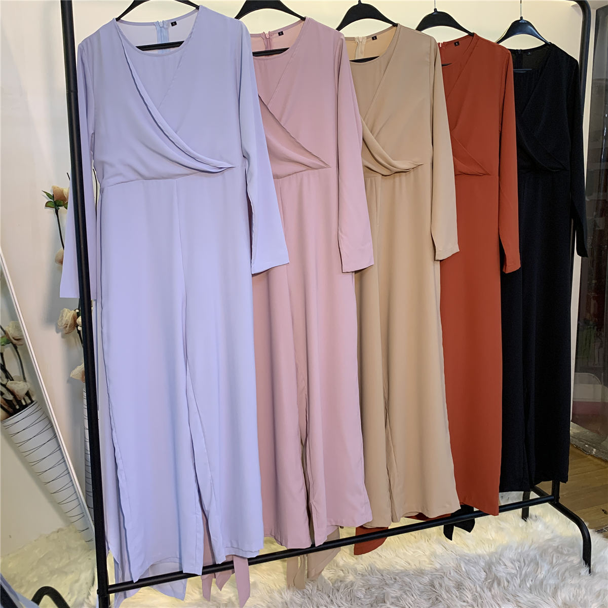 Solid Color V-Neck Stitching One-Piece Wide-Leg Pants Muslim Islamic Suit Jumpsuit (10)