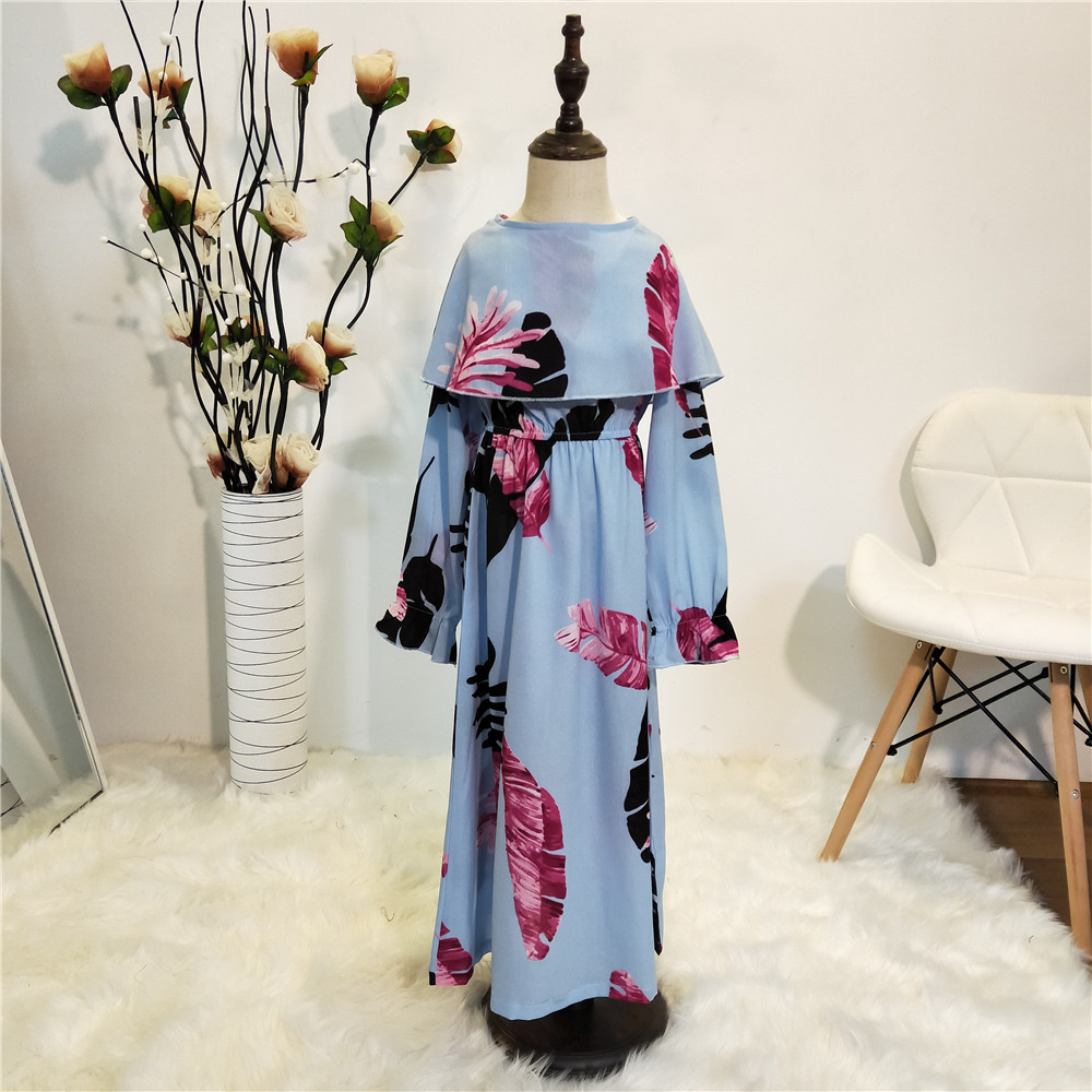 Ruffle Floral Digital Printing Kid Child Modest Abaya Muslim Islamic Maxi Dress (6)
