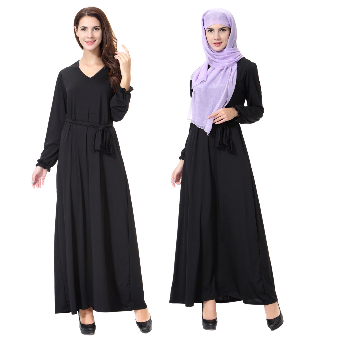 Wholesale V-Neck High Elastic Long Sleeve Muslim Islamic Abaya Ladies Dresses Women Clothing