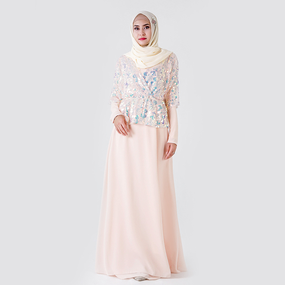 Sequined Embroidered Chiffon Elastic Waist Dress Long Sleeves Muslim Islamic Abaya (8)