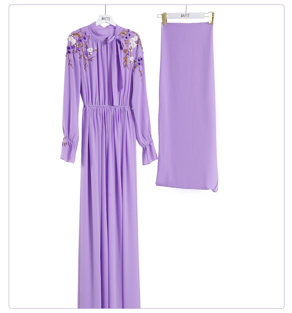 Purple Elastic Waist Abaya Design Hijab Dresses Islamic Clothing For Party (6)