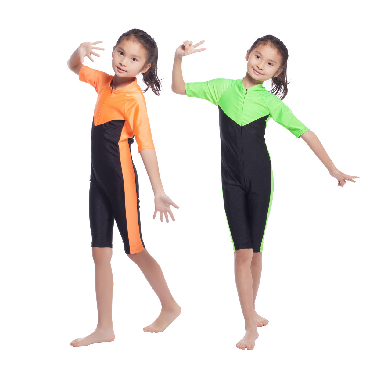 Turkish Girls Kids V-Neck Zipper Fashionable Color Stitching Design Muslim Islamic Swimsuit Swimwear