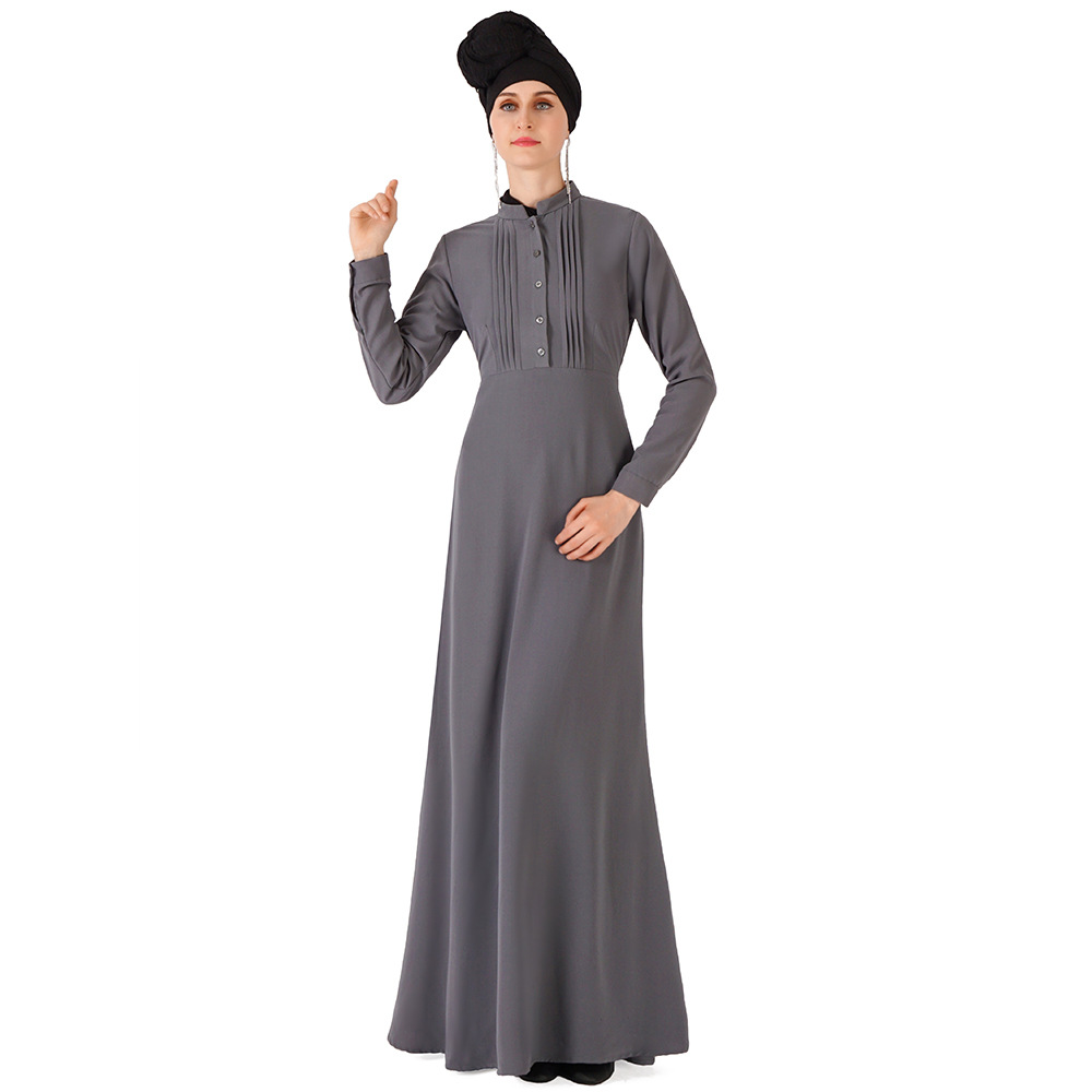 Stand Collar Ruffles Abaya Front Pleated Party Muslim Maxi Dress Islamic Clothing (5)
